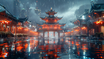 Traditional Chinese architecture, sparkling with twinkling stars, generative ai - 796266645