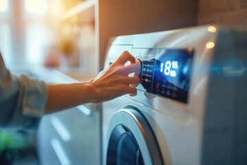 Close up of a person pressing a button on a washing machine. Ideal for household appliance or laundry related designs