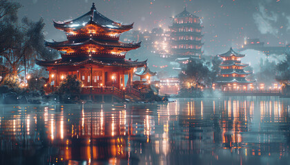 Traditional Chinese architecture, sparkling with twinkling stars, generative ai - 796266812
