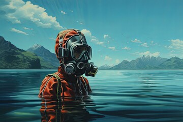 Man in Gas Mask in Water - obrazy, fototapety, plakaty