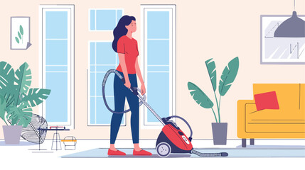 Young woman with wireless vacuum cleaner in the livin