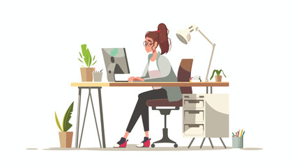 Fototapeta na wymiar Young woman working at her office. Vector flat style
