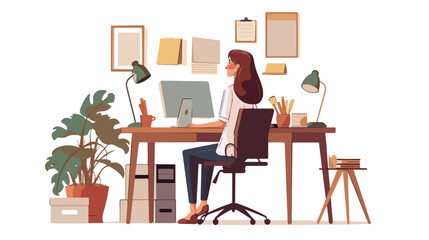 Young woman working at his office. Vector flat style