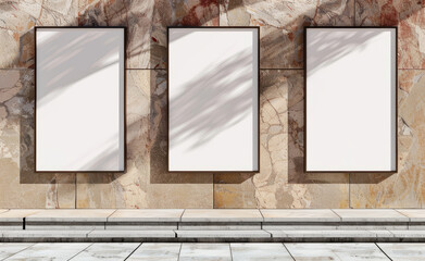 blank poster frames next to a marble wall, in the style of outdoor art, multiple screens,generative ai - 796267049