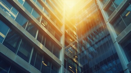 Sunlight streaming through the windows of a towering office building, illuminating the interior