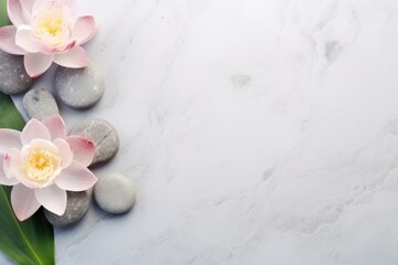 Smooth stones, fresh flowers, and green leaves on a white marble background. Copy space, spa concept