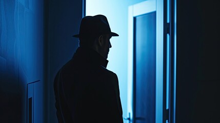Undercover spy evading detection in a high-stakes operation. Detective, secret agent, intelligence, jacket and hat, disguise, wiretapping, FBI, professional at work, mysterious man. Generative by AI