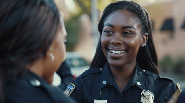 Female police officer conversing with woman, suitable for law enforcement concepts