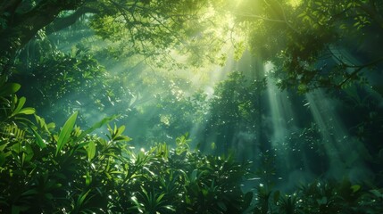 Sunlight streams through the canopy of a lush forest, illuminating the verdant foliage and creating a magical ambiance of renewal and growth.