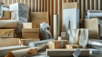 Fototapeta premium variety of packing materials, including boxes, labels, and protective wrap, arranged in a dynamic and eye-catching composition. 
