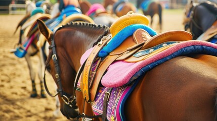 Horses in colorful saddles on the arena prepared for an equestrian. Steed, mounts, horse racing, outdoor sports, competition, competition, sports betting, man's friend. Generative by AI