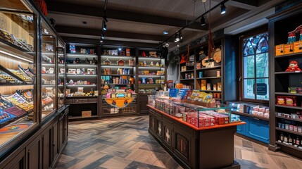 Hotel boutique with a variety of goods and souvenirs for tourists. A small cozy store, bags, jewelry, clothing items, selling small items. Advertising image concept for hotels. Generative by AI