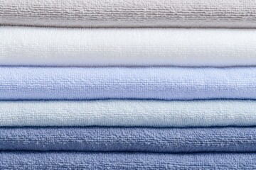 Close-up of neatly folded towels in blue and white colors - obrazy, fototapety, plakaty