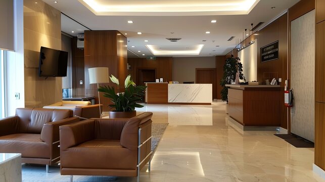 Hotel business center with conference rooms, office space. Office foyer, small tables with chairs at the edges, reception, area for relaxation. Advertising image concept for hotels. Generative by AI