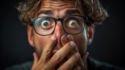 A man with glasses is making a funny face and covering his mouth. a Male man age around 30 with glasses looking in awe and shocked at something, with hand over his open mouth in a black background
