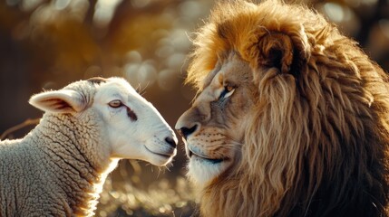 Image of a lion and a sheep standing side by side. Suitable for illustrating friendship or unlikely pairs - obrazy, fototapety, plakaty