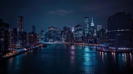 The city skyline comes to life as night falls, with a riverside skyscraper illuminated against the darkness, exuding a sense of vitality and sophistication.