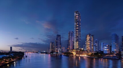 Obraz premium The city skyline comes to life as night falls, with a riverside skyscraper illuminated against the darkness, exuding a sense of vitality and sophistication.