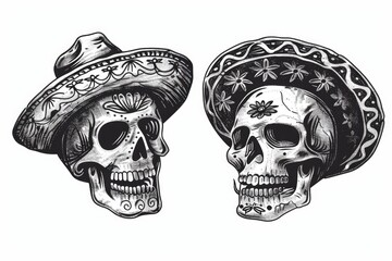 Two skulls wearing hats, perfect for Halloween decorations or spooky themed projects