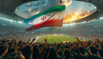 The big flag of Great Iran in the hands of the spectators in the football stadium,generative ai - 796268870