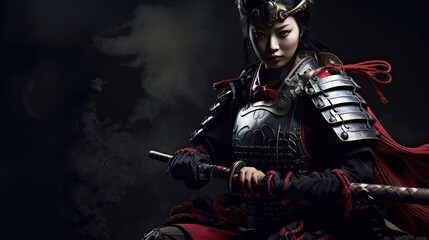 Japanese warrior onna-bugeisha in battle dress, odachi, plate outfit, long hair. Japanese...