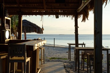 The tranquility of an empty beachside bar, with tables set for sunset cocktails that will never be served, Generative AI