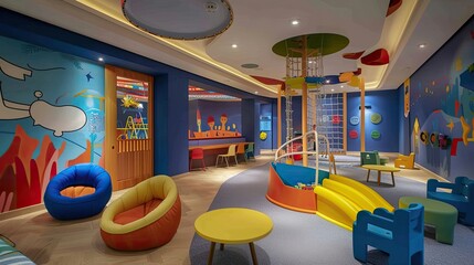 Kids club in the hotel with play areas and entertainment for kids. Interior, tiles, toys, locks for children, entertainment, kindergarten. Advertising image concept for hotels. Generative by AI