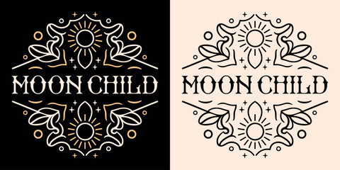 Moon child moonchild lettering round badge retro vintage celestial astrology symbols moon stars art illustration modern witch quotes. Spiritual girls witchy aesthetic text for shirt design and print.