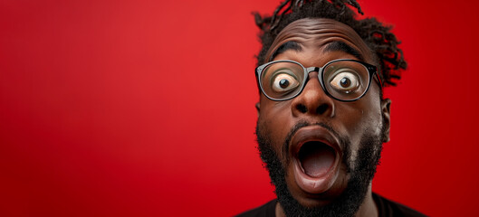 A man with glasses and a beard is looking at the camera with wide eyes. The man is in shock surprise. A crazy and funny-looking African American marketing out loud, isolated red background