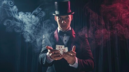 Magician turning an ordinary hat into a rabbit before the audience. Sorcery, magic, trick, cards, tricks, deception, tuxedo, top hat. Hand skill and finger dexterity concept. Generative by AI