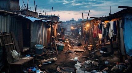 Makeshift housing in slums with overcrowded living quarters. South, poverty, devastation, garbage everywhere, not life, but survival. The concept of poverty in third world countries. Generative by AI