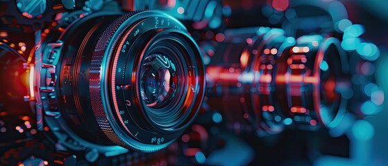 A close up of a camera lens with blue and red lights reflecting on it.