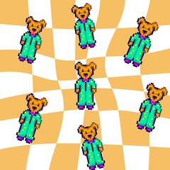 The chessboard background features many adorable teddy bears wearing pajamas