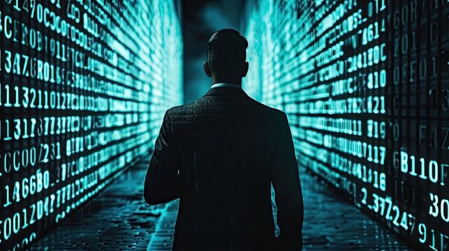 A mysterious agent in a hat, glasses and a jacket secretly transmits encrypted data, tracking down criminals, special agent, abstract image. Matrix concept, cyber space. Generative by AI