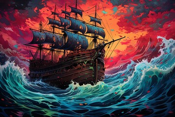A Painting of a Pirate Ship in the Ocean - obrazy, fototapety, plakaty