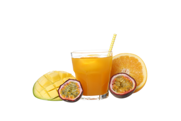 Concept of delicious exotic fruits juice, isolated on white background