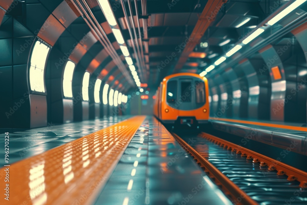 Poster a subway train traveling through a tunnel next to a platform. suitable for transportation and urban 