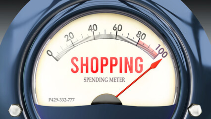 Shopping and Spending Meter that is hitting a full scale, showing a very high level of shopping, overload of it, too much of it. Maximum value, off the charts.  ,3d illustration