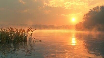 Obraz premium The sun breaks the horizon, casting a golden pathway across a misty lake, where tranquil waters reflect the beauty of the awakening day.