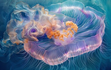 Close-up of a jellyfish showcasing translucent, wavy tentacles and vibrant hues of orange and blue