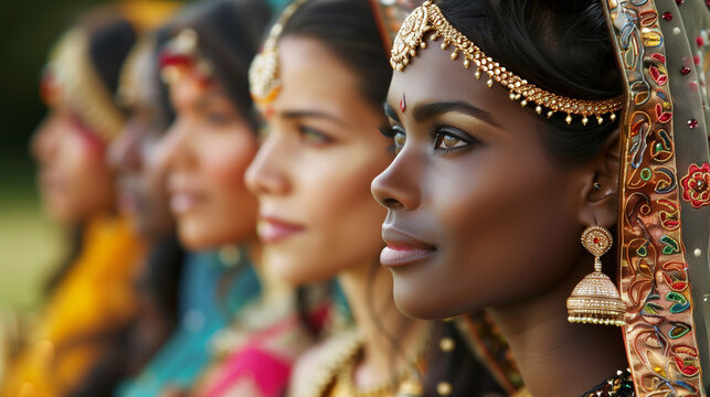 row of women of different races in national costumes. Focus on the first woman of the Indian race