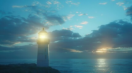 Scenic view of a lighthouse on a rocky shore at sunset. Perfect for travel and nature themes - Powered by Adobe
