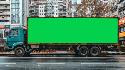 Stationary billboard truck with green mockup in city,generative ai - 796271005