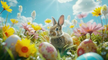 A cute rabbit sitting peacefully in a field of colorful flowers. Ideal for nature and animal-themed designs