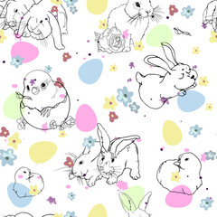 Chickens, hares, rabbits, Easter, pas Halnie eggs. Happy Easter holiday pattern. For printing on prints, t-shirts, logos, sportswear
