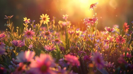 The sun rises over a field of wildflowers, casting a warm glow on the delicate petals and filling the air with the sweet scent of dawn.