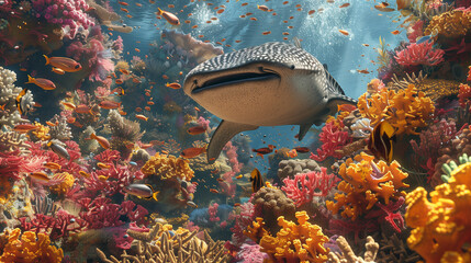 Whale shark swimming in blue ocean. Amazing spot patterns of the worlds largest fish. Whale shark...