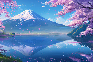 Beautiful scenery of cherry blossoms in full bloom and Mt. Fuji in spring