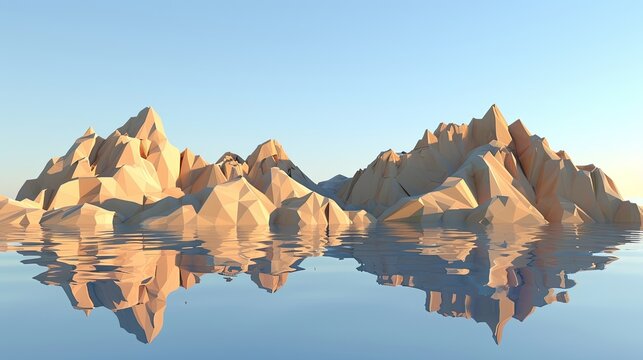 3D low poly landscape with geometric mountains and a reflective lake