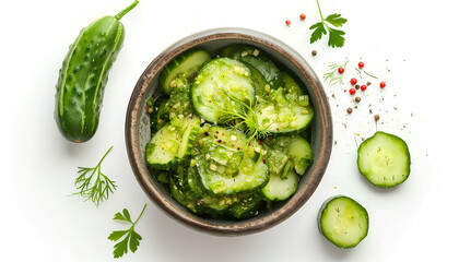 Bowl with tasty fermented cucumbers on white background